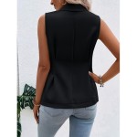 Solid Single Breasted Lapel Pleated Vest, Elegant Sleeveless Outwear For Spring & Fall, Women's Clothing