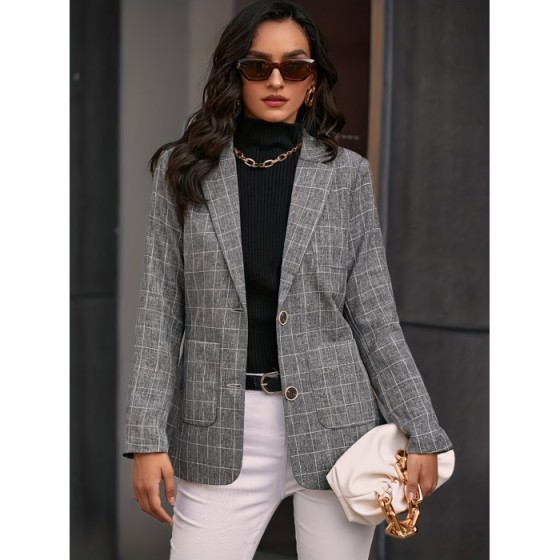 Plaid Print Single Breasted Lapel Blazer, Elegant Patched Pockets Long Sleeve Blazer For Office & Work, Women's Clothing