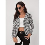 Houndstooth Open Front Blazer, Elegant Long Sleeve Blazer For Office & Work, Women's Clothing